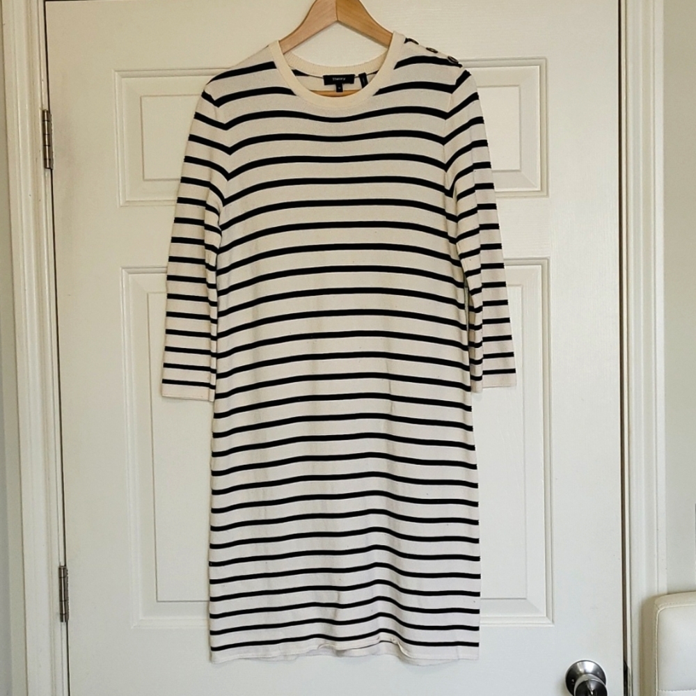 Theory Lemondrella Prosecco Parchment & Black 3/4 Sleeve Shift Dress